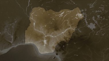 Nijerya, sepia tonlarında göller ve nehirlerle renklendirilmiş bir yükseklik haritasında vurgulandı