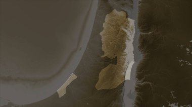 Filistin, sepia tonlarında göller ve nehirlerle renklendirilmiş bir yükseklik haritasında vurgulandı