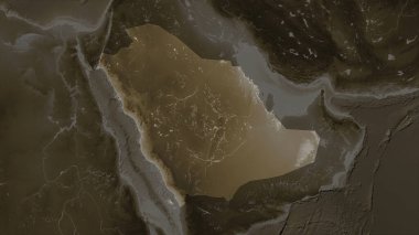 Suudi Arabistan, sepia tonlarında göller ve nehirlerle renklendirilmiş bir yükseklik haritasına vurgulandı