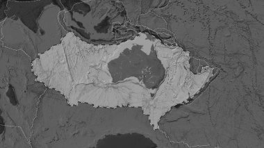 Avustralya tektonik plakasının alanı Eckert III projeksiyonunda koyu bir bilek yüksekliği haritasının arka planına çizilmiş bir çizgi ile işaretlenmiştir.