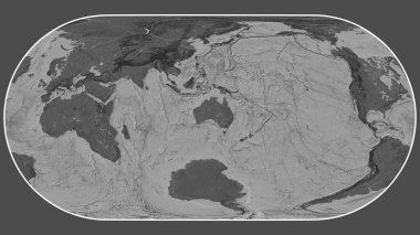 Bilevel elevation map of the world in the Eckert III projection transformed to the center of the Australian tectonic plate clipart