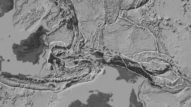 Kuş başlı tektonik plaka alanı Eckert III projeksiyonunda bir bilek yükseklik haritasında kesik bir çizgi ile işaretlenmiş.