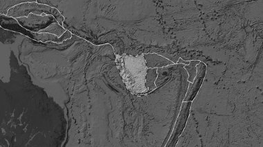 Yeni Hebrides tektonik plakasının alanı Eckert III projeksiyonunda koyu bir bilek yüksekliği haritasının arka planına çizilmiş bir çizgi ile işaretlenmiştir.