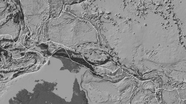 Kuzey Bismarck tektonik plakasının alanı Eckert III projeksiyonunda bir bilek yükseklik haritasında çizilmiş bir çizgi ile işaretlenmiştir.