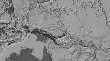 Kuzey Bismarck tektonik plakasının alanı Eckert III projeksiyonunda bir bilek yükseklik haritasında katı bir çizgi ile işaretlenmiştir.