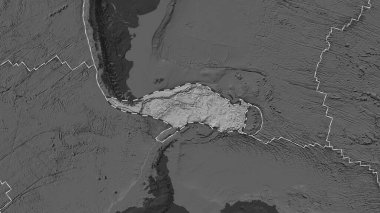 Scotia tektonik plakasının alanı Eckert III projeksiyonunda koyu bir bilek yüksekliği haritasının arka planına çizilmiş bir çizgi ile işaretlenmiştir.