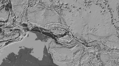 Güney Bismarck tektonik plakasının alanı Eckert III projeksiyonunda bilek yüksekliği haritasında çizilmiş bir çizgi ile işaretlenmiştir.