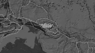 Güney Bismarck tektonik plakasının alanı Eckert III projeksiyonunda koyu bir bilek yüksekliği haritasının arka planına çizilmiş bir çizgi ile işaretlenmiştir.