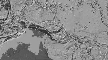 Güney Bismarck tektonik plakasının alanı Eckert III projeksiyonunda bir bilek yükseklik haritasında katı bir çizgi ile işaretlenmiştir.