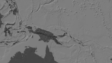 Bismarck Denizi Bölgesi Patterson silindirik projeksiyonunda dünyanın bileklik yükseklik haritasının arka planında