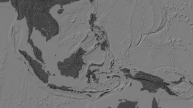 Patterson silindirik projeksiyonunda dünyanın bir bileklik yükseklik haritasının arka planında yer alan Celebes Sea bölgesi