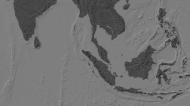 Patterson silindirik projeksiyonunda dünyanın bilek yüksekliği haritasının arka planında Malacca Boğazı bölgesi