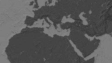 Mediterranean Sea - Eastern Basin region (excluding sub-basins) on the background of a bilevel elevation map of the world in the Patterson Cylindrical projection