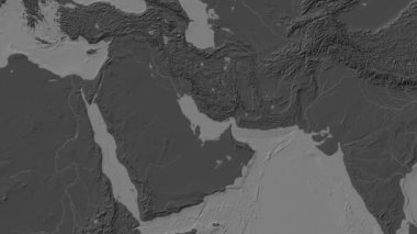 Basra Körfezi bölgesi Patterson silindirik projeksiyonunda dünyanın bileklik yükseklik haritasının arka planında