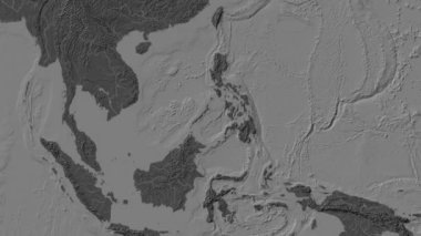 Patterson silindirik projeksiyonunda dünyanın bileklik yükseklik haritasının arka planında Sulu Denizi bölgesi