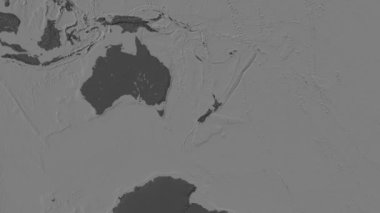 Tasman Denizi bölgesi Patterson silindirik projeksiyonunda dünyanın bileklik yükseklik haritasının arka planında