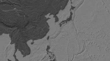 Doğu Çin Denizi. Patterson silindirik projeksiyonunda bir bileklik yükseklik haritasında konum diyagramı