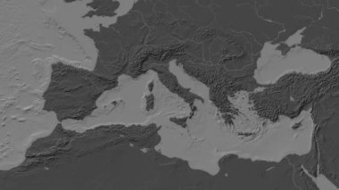 Tyrhenian Denizi. Patterson silindirik projeksiyonunda bir bileklik yükseklik haritasında konum diyagramı