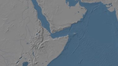 Aden Körfezi. Patterson silindirik projeksiyonunda mavi ve gri renkli yükseklik haritası üzerinde konum diyagramı