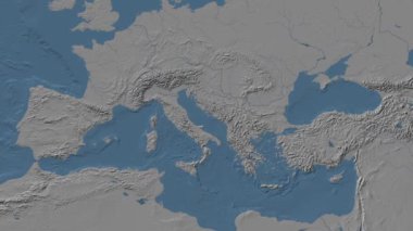 Adriyatik Denizi. Patterson silindirik projeksiyonunda mavi ve gri renkli yükseklik haritası üzerinde konum diyagramı