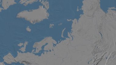 Barents Denizi. Patterson silindirik projeksiyonunda mavi ve gri renkli yükseklik haritası üzerinde konum diyagramı