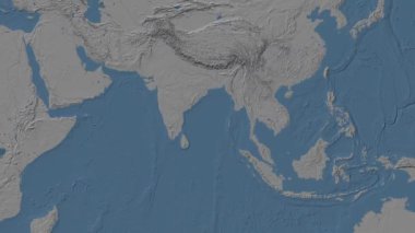 Bengal Körfezi. Patterson silindirik projeksiyonunda mavi ve gri renkli yükseklik haritası üzerinde konum diyagramı