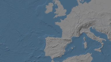 Biscay Körfezi. Patterson silindirik projeksiyonunda mavi ve gri renkli yükseklik haritası üzerinde konum diyagramı