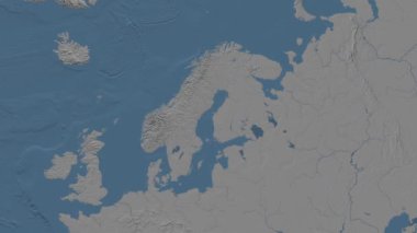 Bothnia Körfezi. Patterson silindirik projeksiyonunda mavi ve gri renkli yükseklik haritası üzerinde konum diyagramı