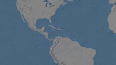 Karayip Denizi. Patterson silindirik projeksiyonunda mavi ve gri renkli yükseklik haritası üzerinde konum diyagramı