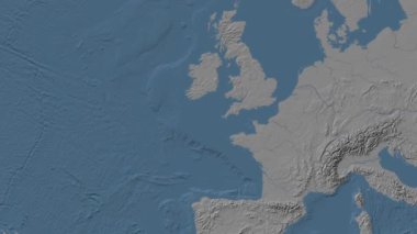 Kelt Denizi. Patterson silindirik projeksiyonunda mavi ve gri renkli yükseklik haritası üzerinde konum diyagramı