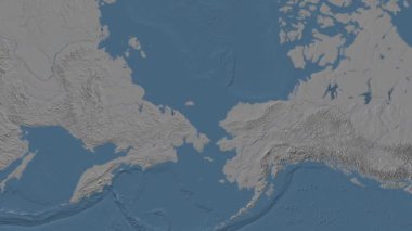 Chukchi Denizi. Patterson silindirik projeksiyonunda mavi ve gri renkli yükseklik haritası üzerinde konum diyagramı