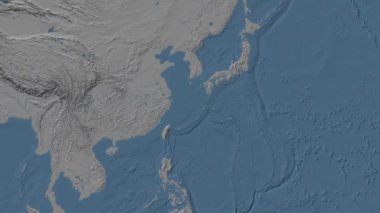 Doğu Çin Denizi. Patterson silindirik projeksiyonunda mavi ve gri renkli yükseklik haritası üzerinde konum diyagramı