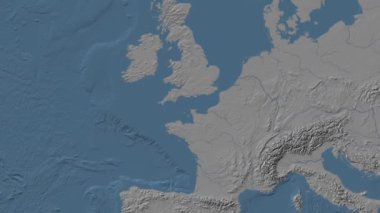 İngiliz kanalı. Patterson silindirik projeksiyonunda mavi ve gri renkli yükseklik haritası üzerinde konum diyagramı
