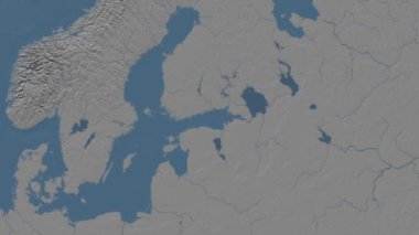 Finlandiya Körfezi. Patterson silindirik projeksiyonunda mavi ve gri renkli yükseklik haritası üzerinde konum diyagramı