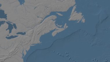 Fundy Körfezi. Patterson silindirik projeksiyonunda mavi ve gri renkli yükseklik haritası üzerinde konum diyagramı