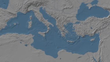 İyon Denizi. Patterson silindirik projeksiyonunda mavi ve gri renkli yükseklik haritası üzerinde konum diyagramı