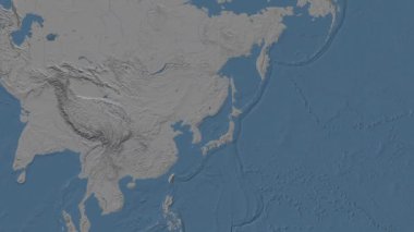 Japon Denizi. Patterson silindirik projeksiyonunda mavi ve gri renkli yükseklik haritası üzerinde konum diyagramı