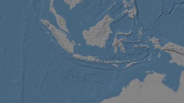 Java Denizi. Patterson silindirik projeksiyonunda mavi ve gri renkli yükseklik haritası üzerinde konum diyagramı