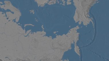 Laptev Denizi. Patterson silindirik projeksiyonunda mavi ve gri renkli yükseklik haritası üzerinde konum diyagramı