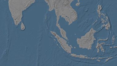 Malacca Boğazı. Patterson silindirik projeksiyonunda mavi ve gri renkli yükseklik haritası üzerinde konum diyagramı