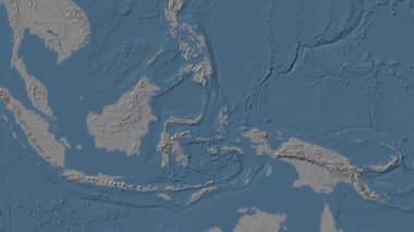 Molukka Denizi. Patterson silindirik projeksiyonunda mavi ve gri renkli yükseklik haritası üzerinde konum diyagramı