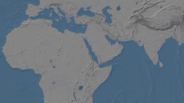 Kızıl Deniz. Patterson silindirik projeksiyonunda mavi ve gri renkli yükseklik haritası üzerinde konum diyagramı