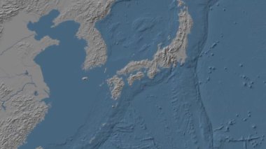 Seto Naikai ya da İç Deniz. Patterson silindirik projeksiyonunda mavi ve gri renkli yükseklik haritası üzerinde konum diyagramı