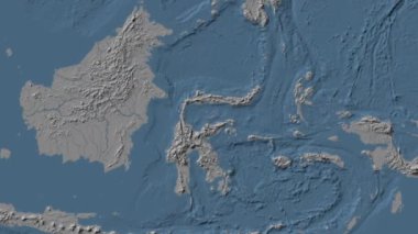 Tomini Körfezi. Patterson silindirik projeksiyonunda mavi ve gri renkli yükseklik haritası üzerinde konum diyagramı