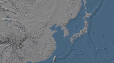 Sarı Deniz. Patterson silindirik projeksiyonunda mavi ve gri renkli yükseklik haritası üzerinde konum diyagramı