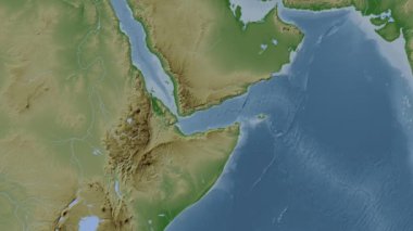 Aden Körfezi. Patterson silindirik projeksiyonunda soluk renkli bir yükseklik haritasında konum diyagramı