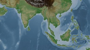 Andaman veya Burma Denizi. Patterson silindirik projeksiyonunda soluk renkli bir yükseklik haritasında konum diyagramı