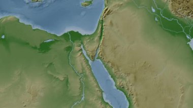 Akabe Körfezi. Patterson silindirik projeksiyonunda soluk renkli bir yükseklik haritasında konum diyagramı