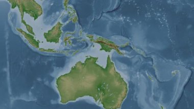 Arafura Denizi. Patterson silindirik projeksiyonunda soluk renkli bir yükseklik haritasında konum diyagramı