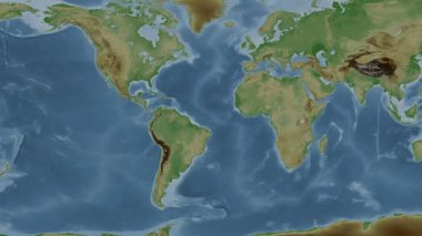 Atlantik Okyanusu. Patterson silindirik projeksiyonunda soluk renkli bir yükseklik haritasında konum diyagramı